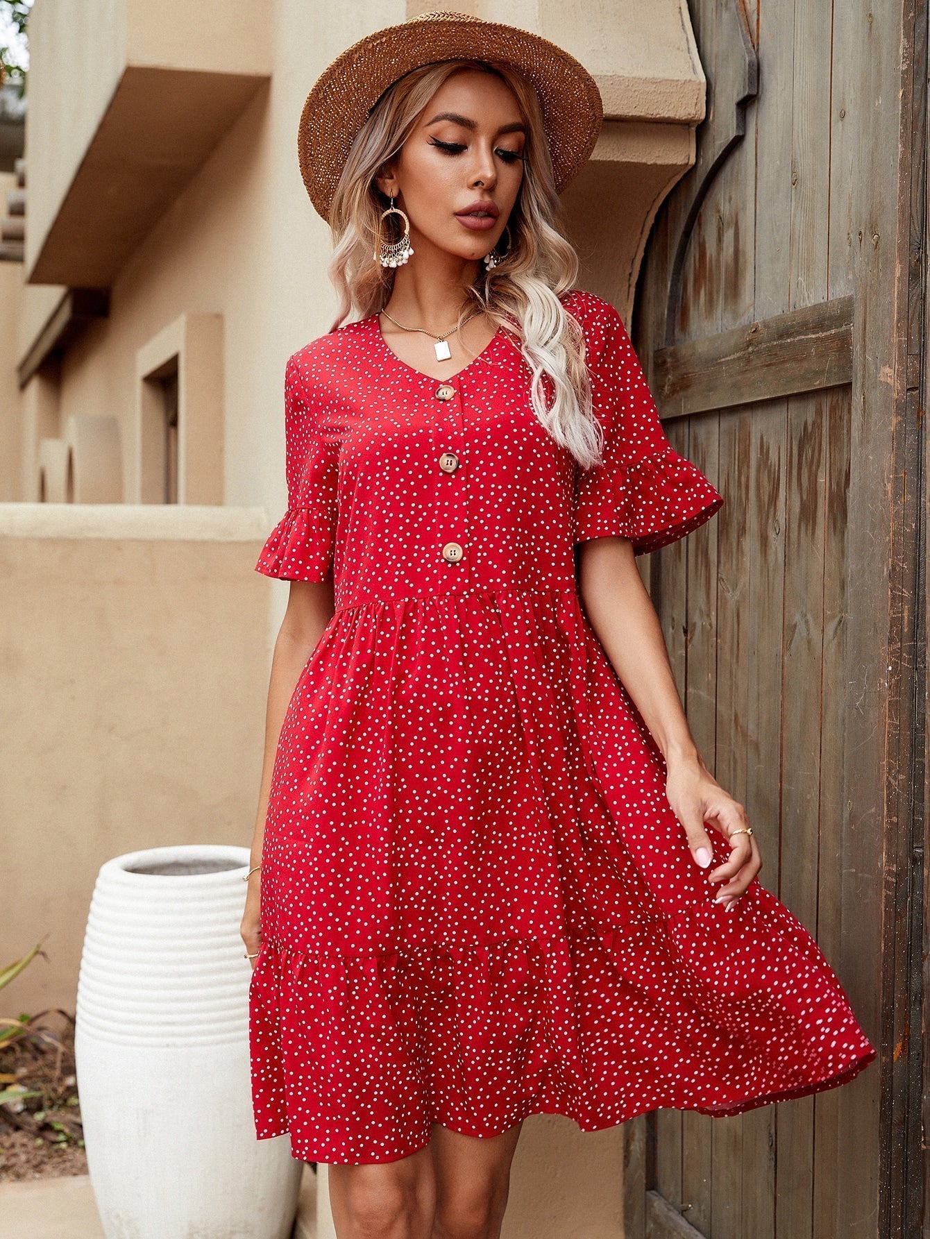 V-neck Polka Dot Ruffled Long Skirt - Fashionpara
