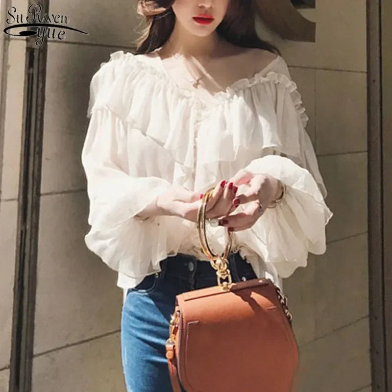 See Through Boho Mesh Ruffle Blouse