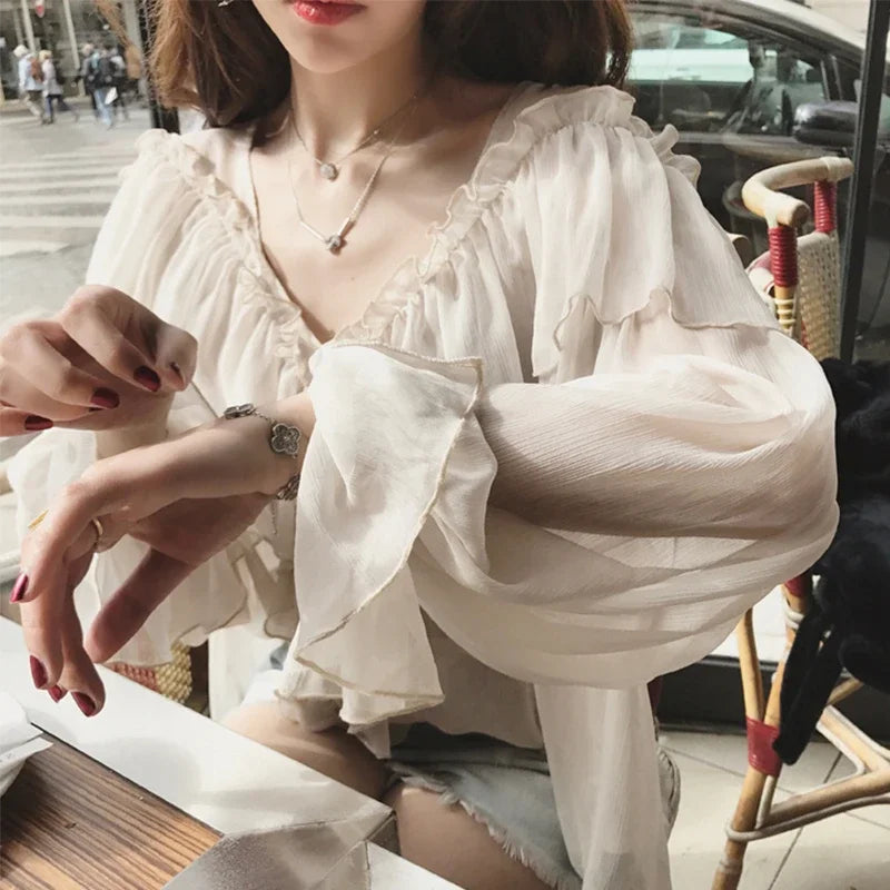 See Through Boho Mesh Ruffle Blouse
