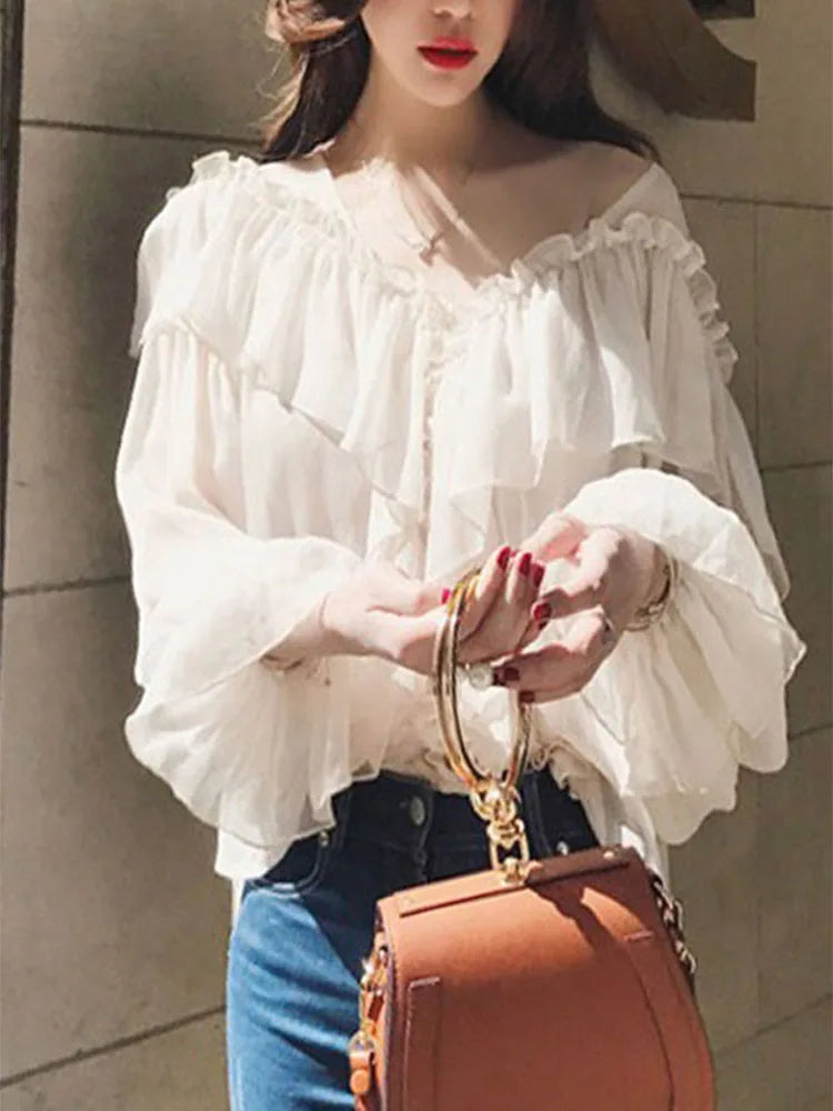 See Through Boho Mesh Ruffle Blouse