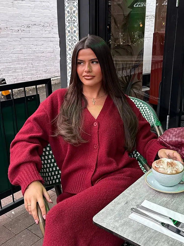 Burgundy Loose V-neck Single Breasted Cardigan