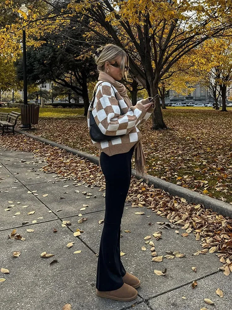 V-neck Square Printed Color Block Cardigan