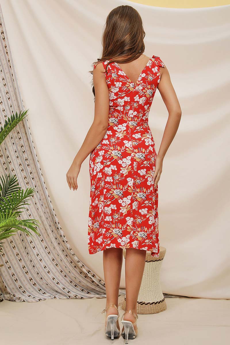 V-neck Tie Shoulder Slit Sleeveless Floral Dress