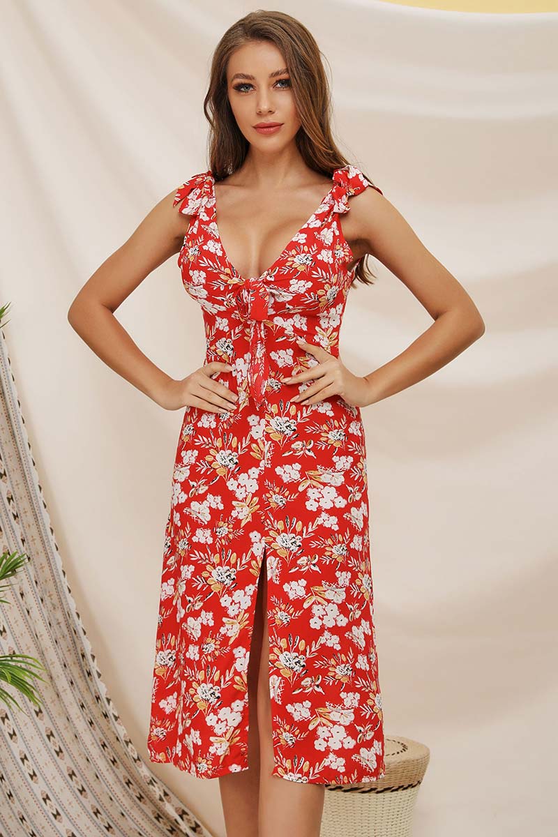 V-neck Tie Shoulder Slit Sleeveless Floral Dress - Mislish