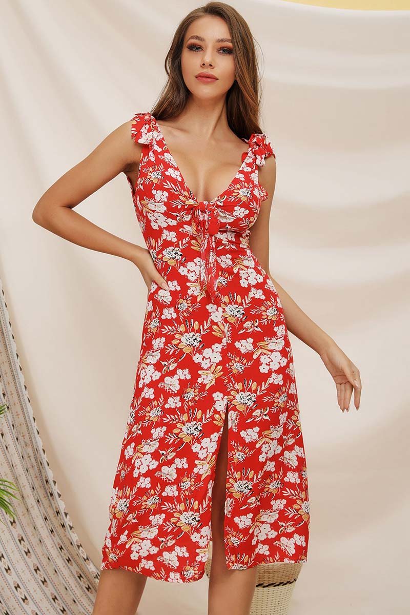V-neck Tie Shoulder Slit Sleeveless Floral Dress