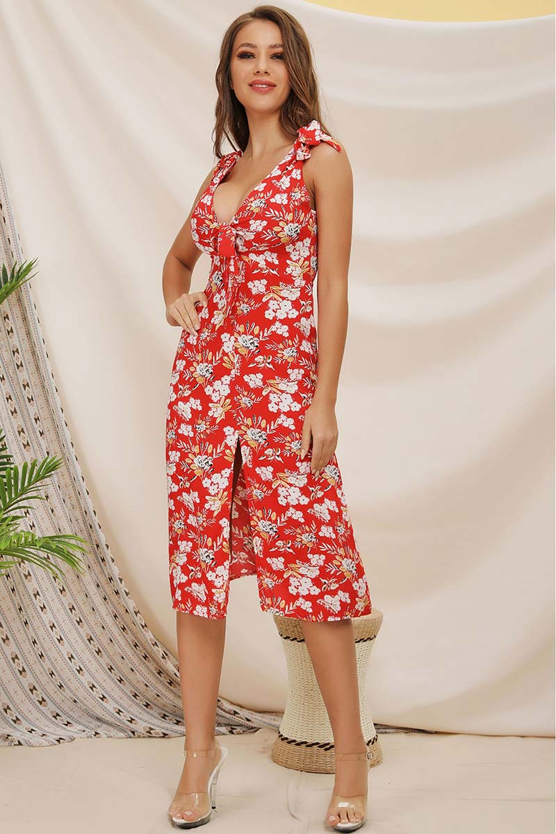 V-neck Tie Shoulder Slit Sleeveless Floral Dress