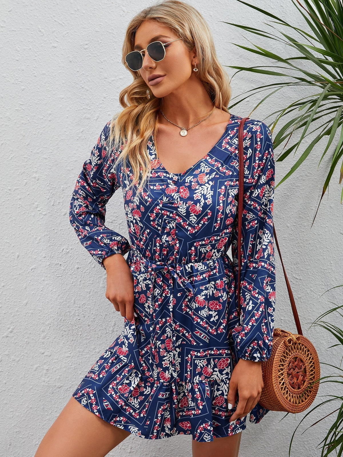 KittenAlarm - V-neck bubble sleeves slim print short dress