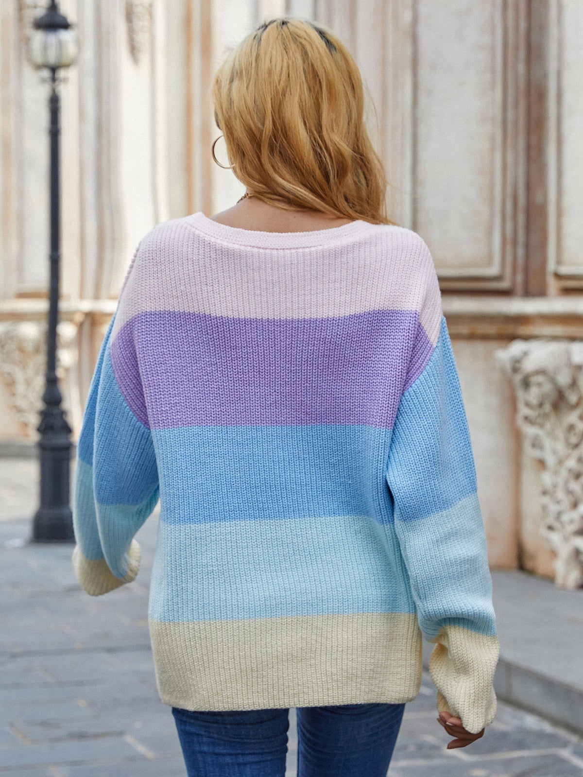 KittenAlarm - V-neck macaron solid color stitching knitted loose sweater