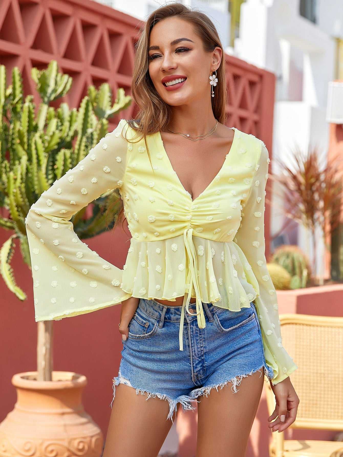 V neck wave point short flared sleeve top sexy pop up shirt women bandage blouse multicolor - Fashionpara