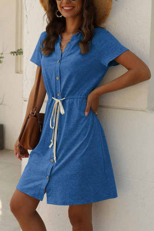 V-neck Drawstring Button-up Casual Dress - Mislish