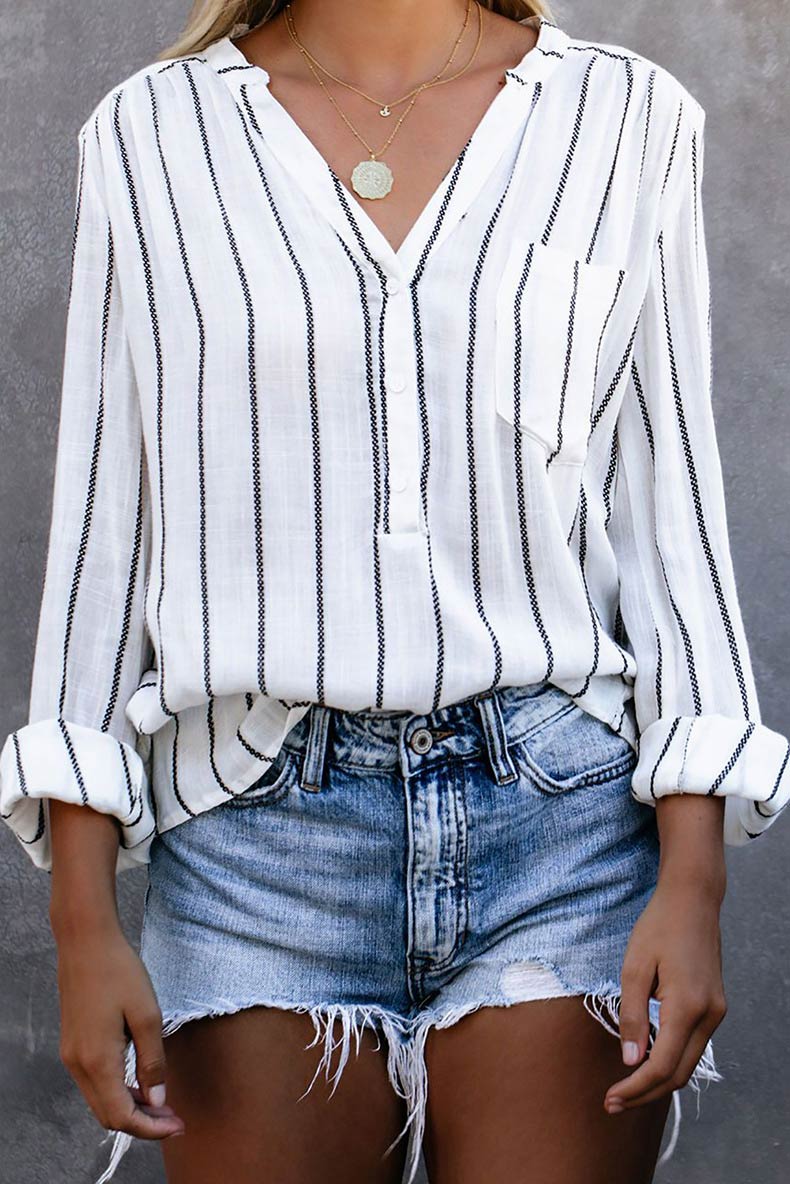 V-neck Loose Striped Shirt With Pocket - Fashionpara
