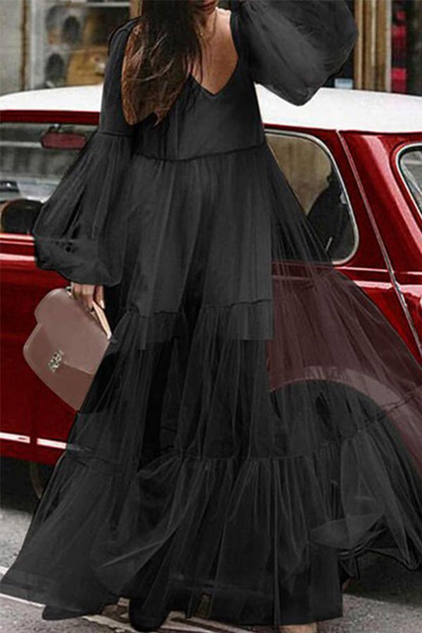 V-neck Bubble Sleeve Mesh Ruffled Dress - Mislish