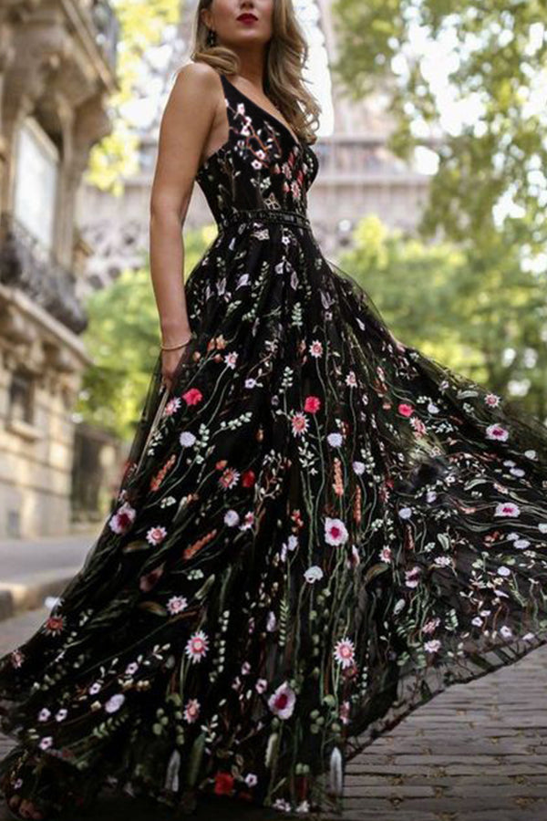 V-neck Embroidered Sleeveless Long Dress - Mislish