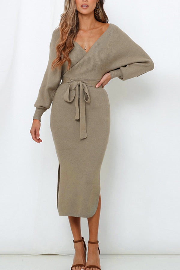 Solid Lace-up Slit V-neck Knit Dress - Mislish