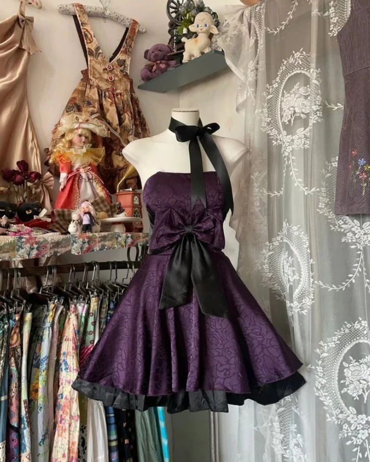 Vintage Purple Satin A Line Short Party Dress Homecoming Dress With Bow S277