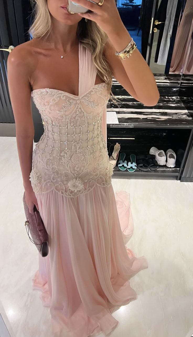 Pretty Pink One Shoulder Chiffon Beaded Appliques Long Party Dress Evening Dress D1017