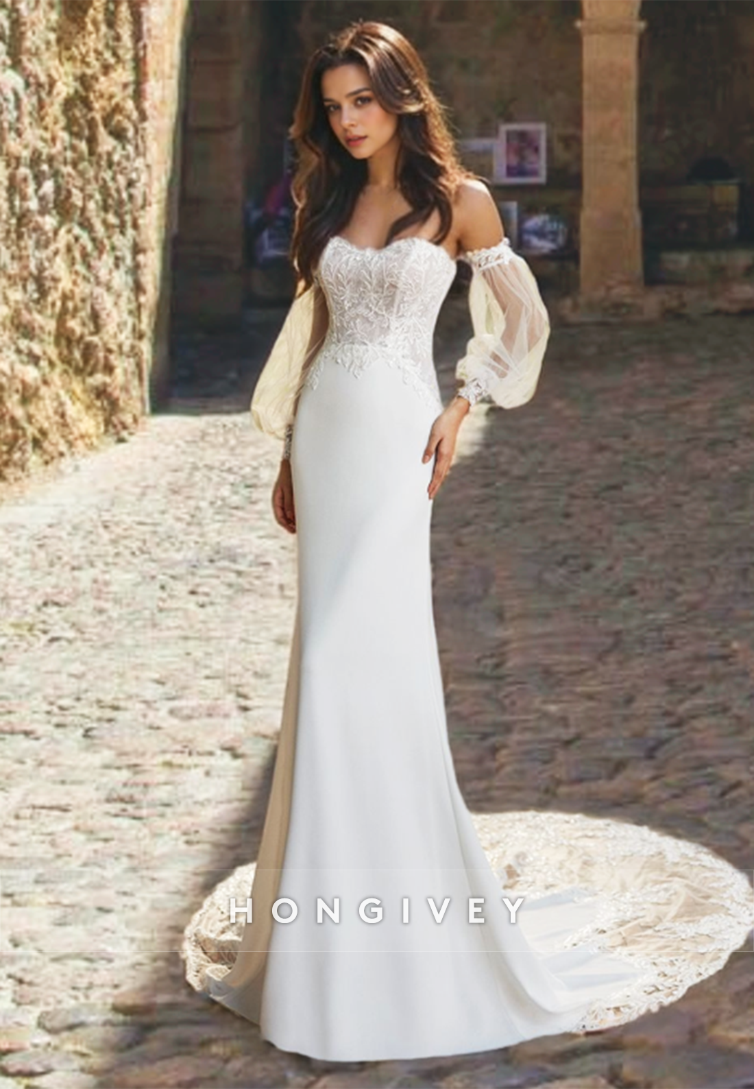 Sweet Strapless Applique Wedding Dress Sleeves with Train Sheath Bride Gown