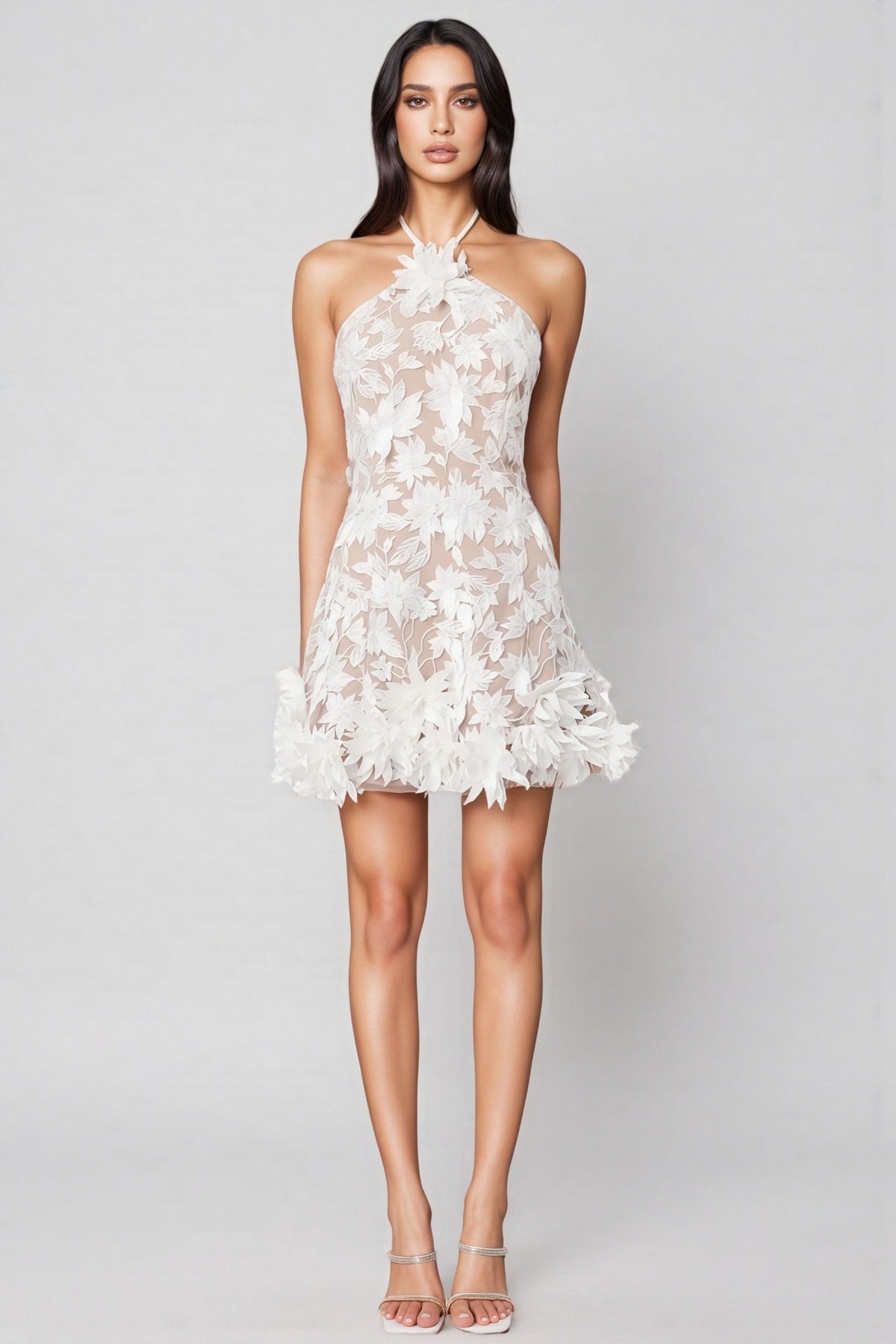 Mesh Halter Neck 3D Flower Sheer A-Line Mini Dress - View 5