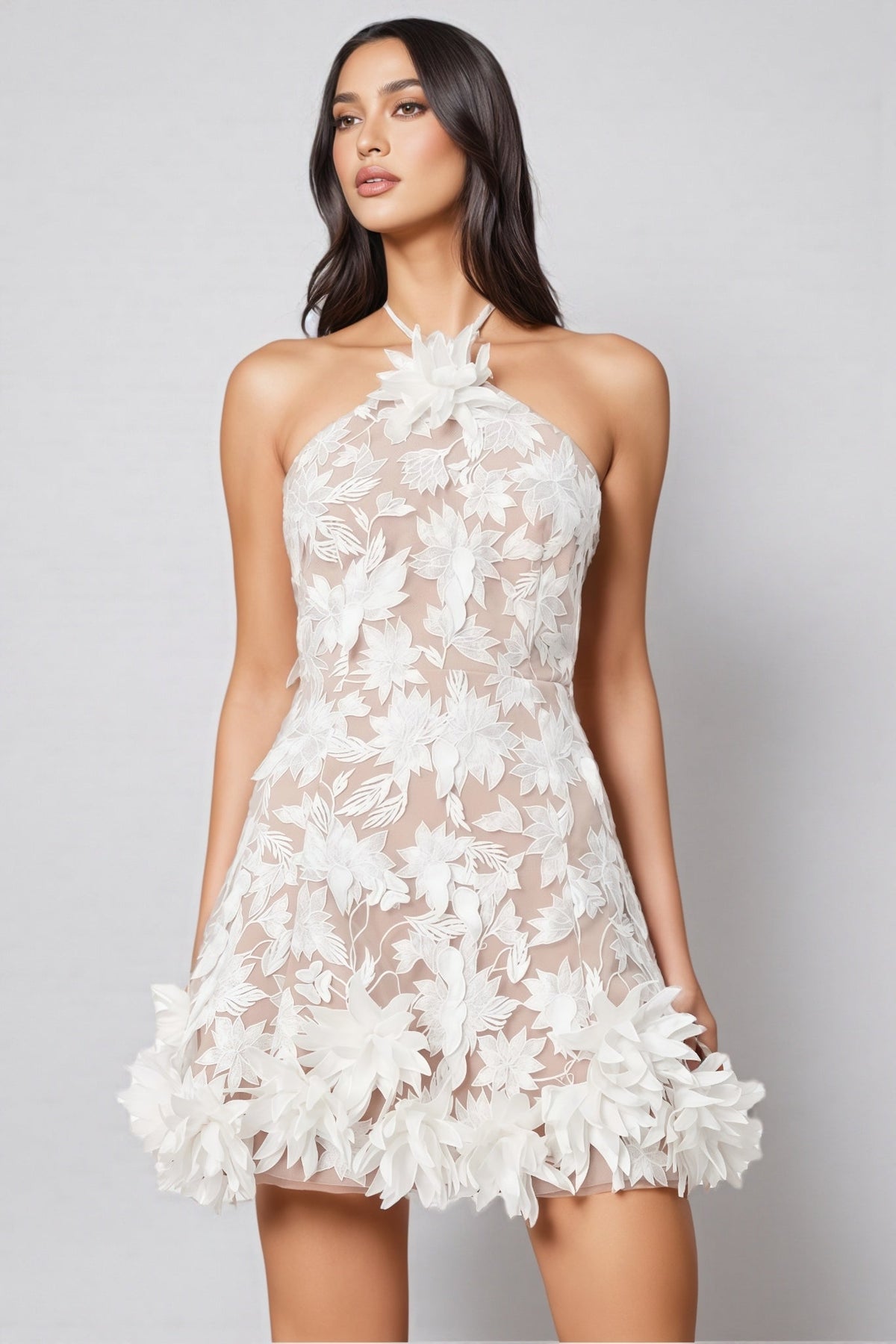 Mesh Halter Neck 3D Flower Sheer A-Line Mini Dress - View 3