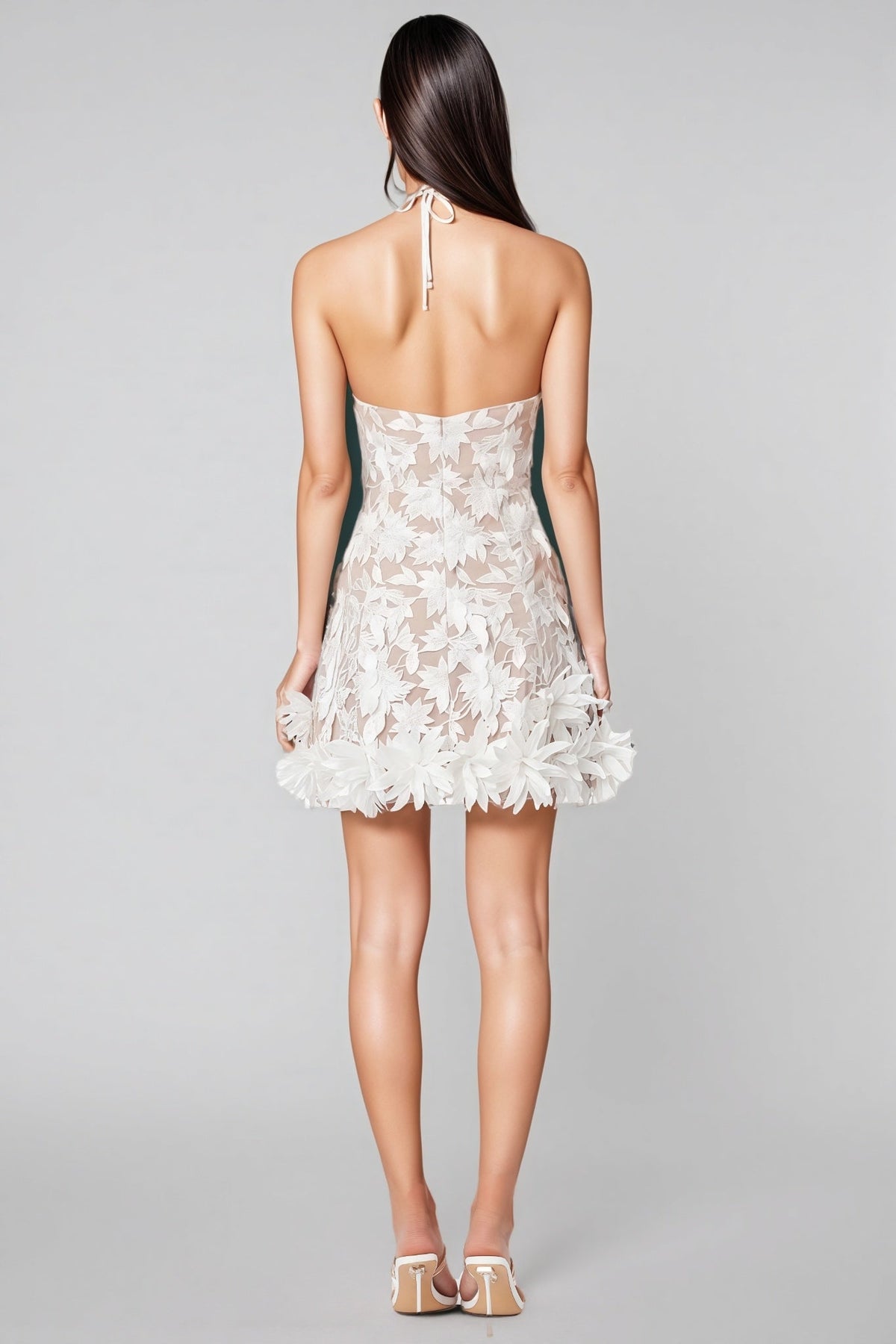 Mesh Halter Neck 3D Flower Sheer A-Line Mini Dress - View 6