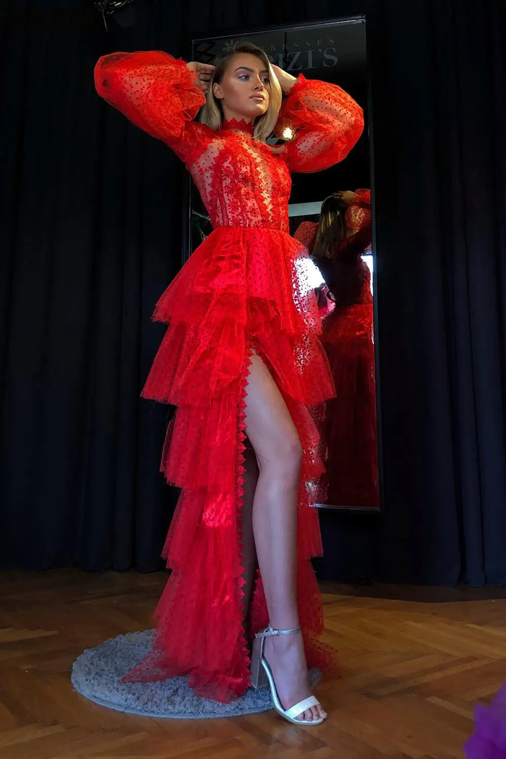 Red Lace Hollow Out A-Line Christmas Party Dress with Full Sleeves - Fashionpara