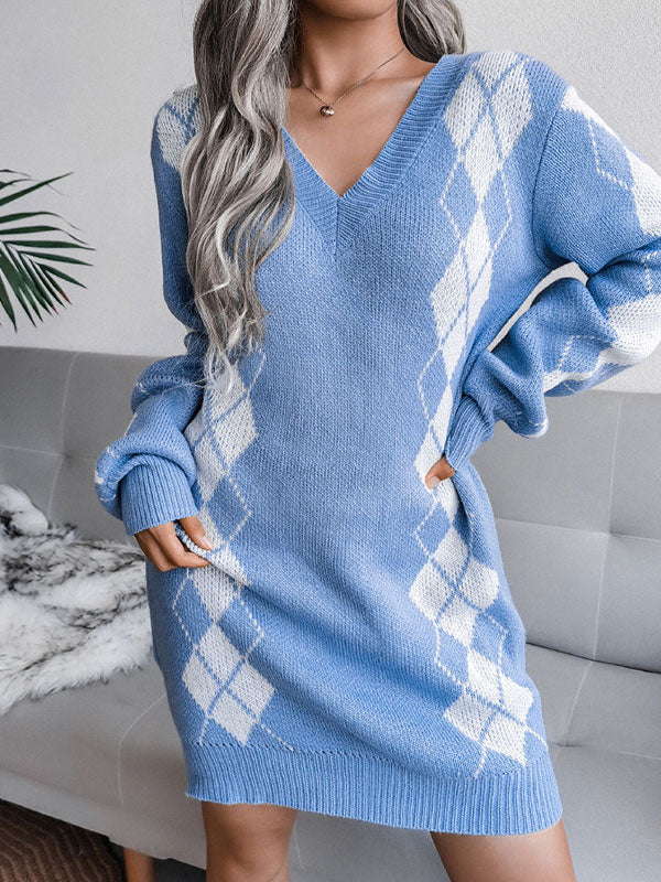 Argyle Knit V-Neck Long Sleeve Sweater Mini Dress