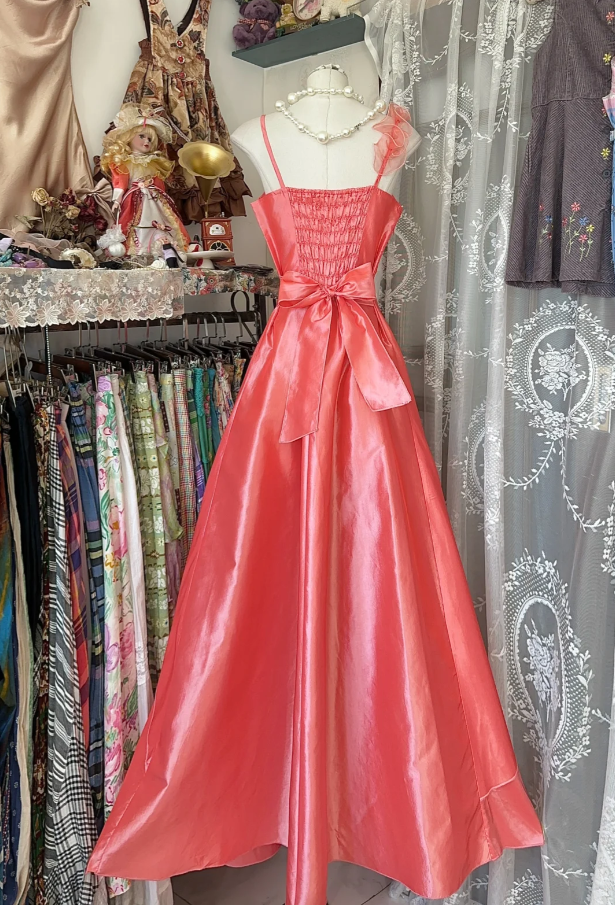 Pretty Spaghetti Straps Peach Pink Satin Long Party Dress Evening Gown D1755