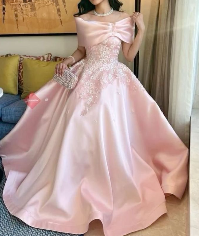 Cute Pink Off The Shoulder Satin Appliques Formal Princess Party Dress Prom Gown D1204