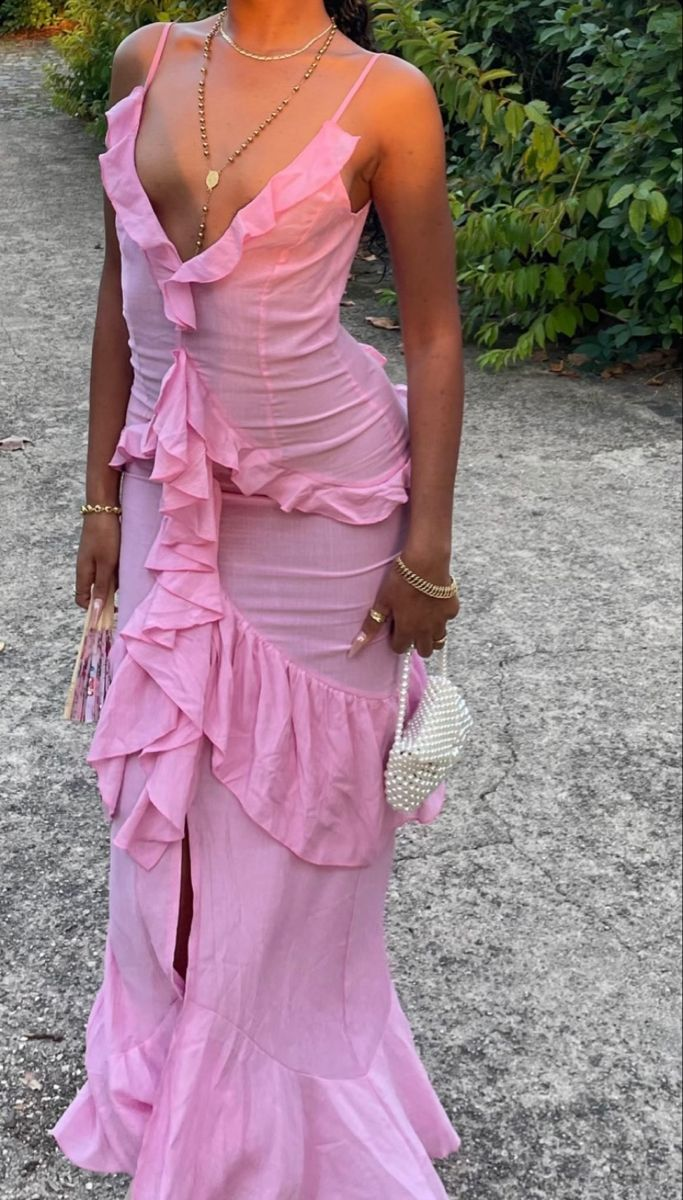 Pretty Pink Spaghetti Straps Satin Ruffle Mermaid Slit Evening Dress Long Party Gown D1473