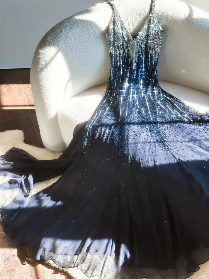 Pretty Spaghetti Straps V NecK Navy Blue Chiffon Beaded Mermaid Evening Dress Long Birthday Party Gown D1647