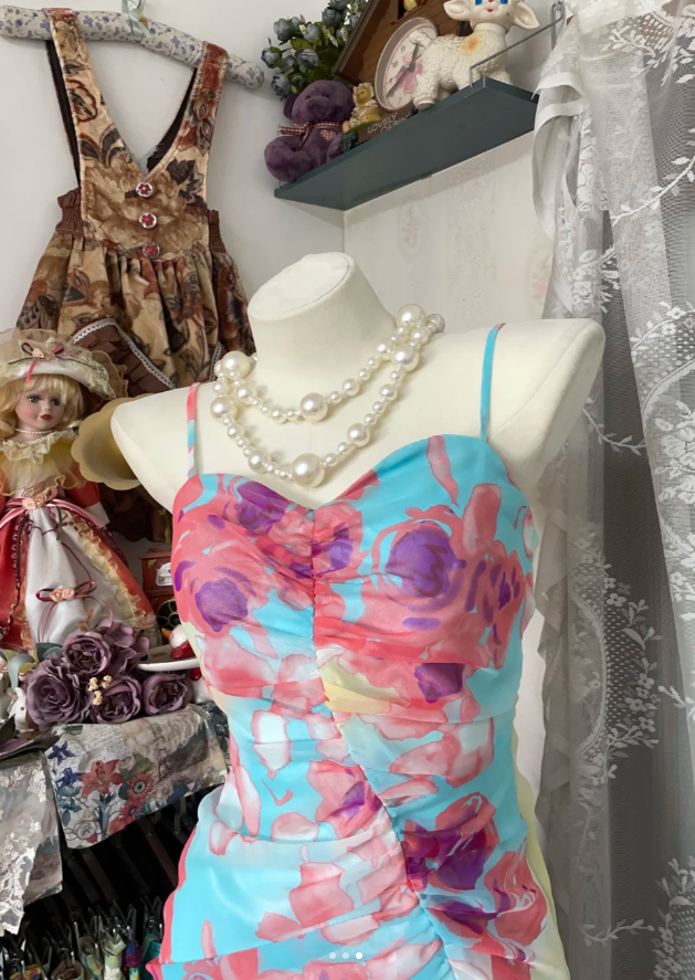 Unique Spaghetti Straps Chiffon Print Floral Ruffles Mermaid Evening Dress Long Birthday Prom Dress D1519