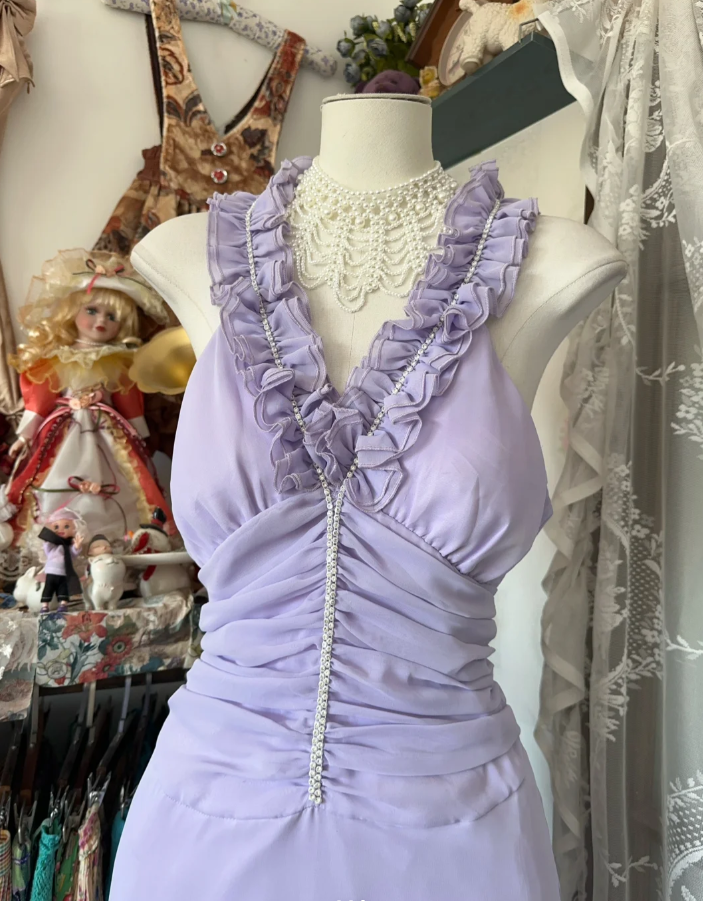 Pretty Sleeveless Lilac Chiffon Beaded Mermaid Long Wedding Guest Dress Evening Dress D1784