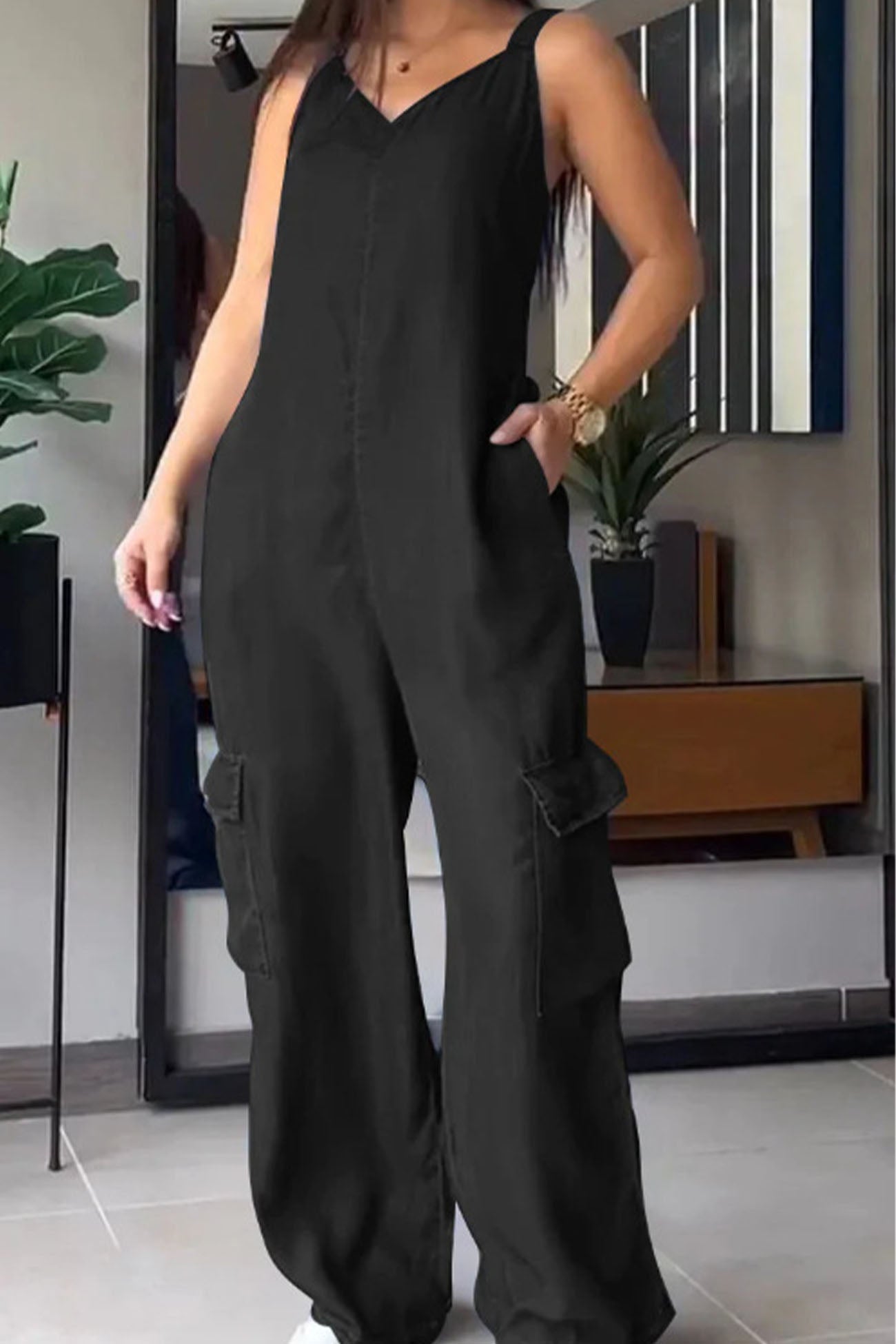 V Neck Back Smocking Pocket Jumpsuits - Fashionpara