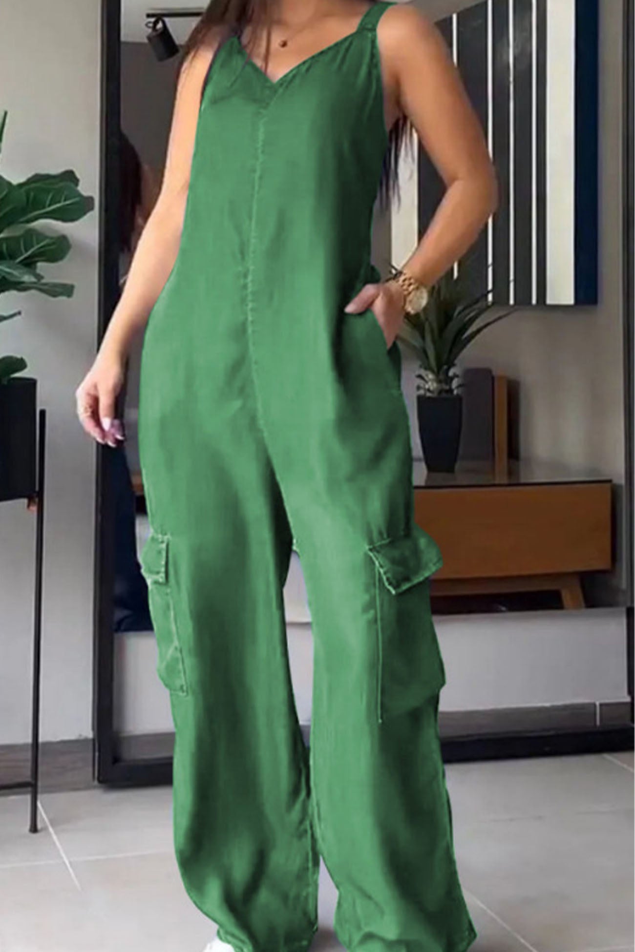 V Neck Back Smocking Pocket Jumpsuits - Fashionpara