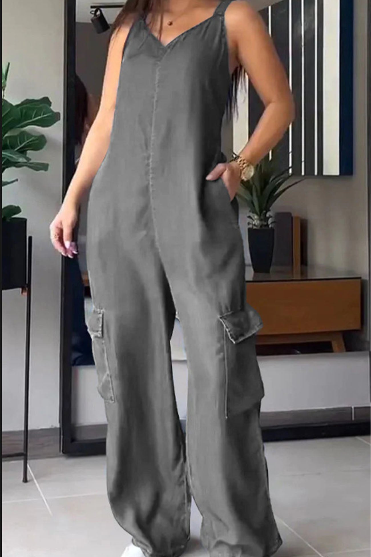 V Neck Back Smocking Pocket Jumpsuits - Fashionpara