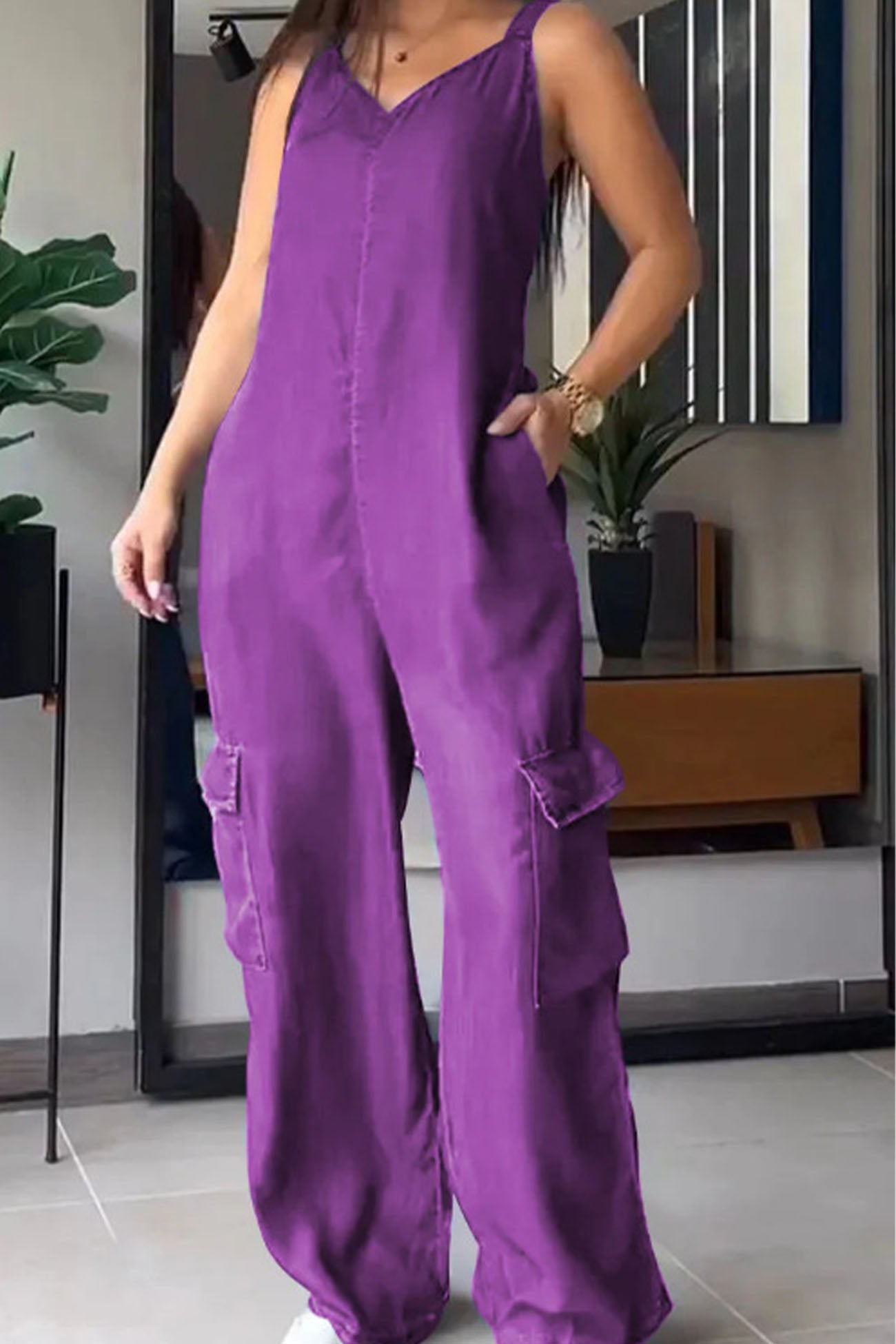 V Neck Back Smocking Pocket Jumpsuits - Fashionpara