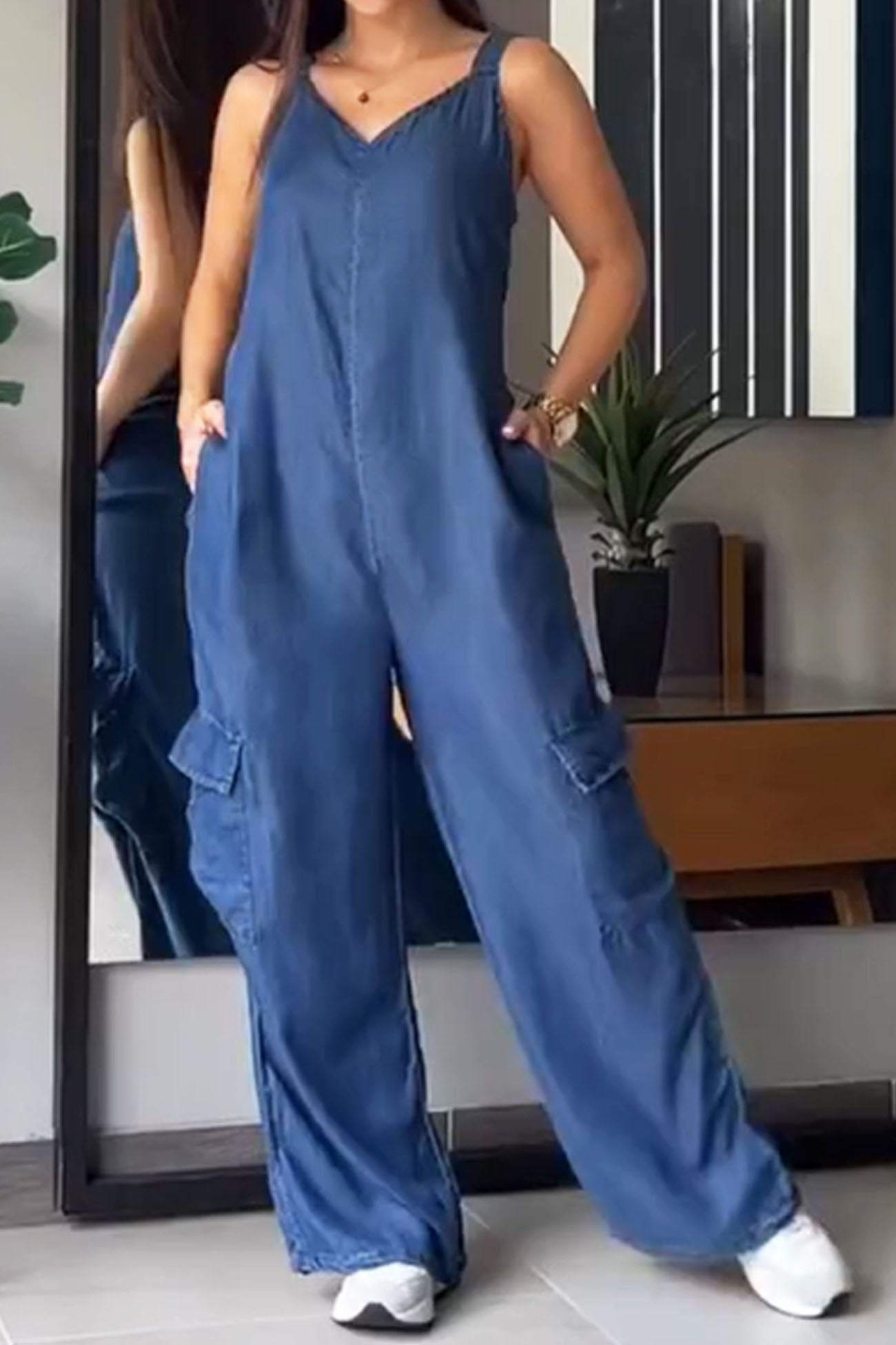 V Neck Back Smocking Pocket Jumpsuits - Fashionpara