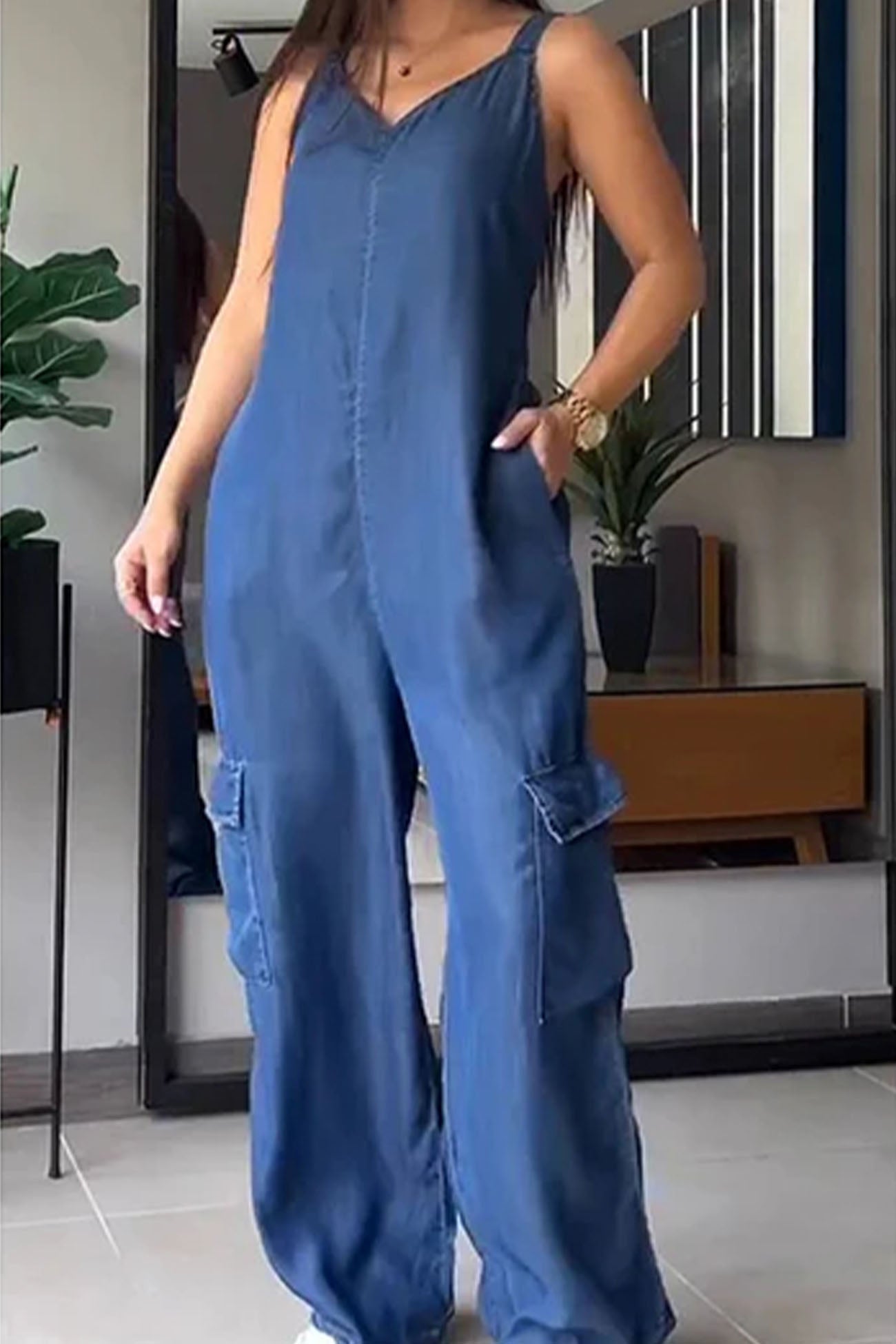 V Neck Back Smocking Pocket Jumpsuits - Fashionpara