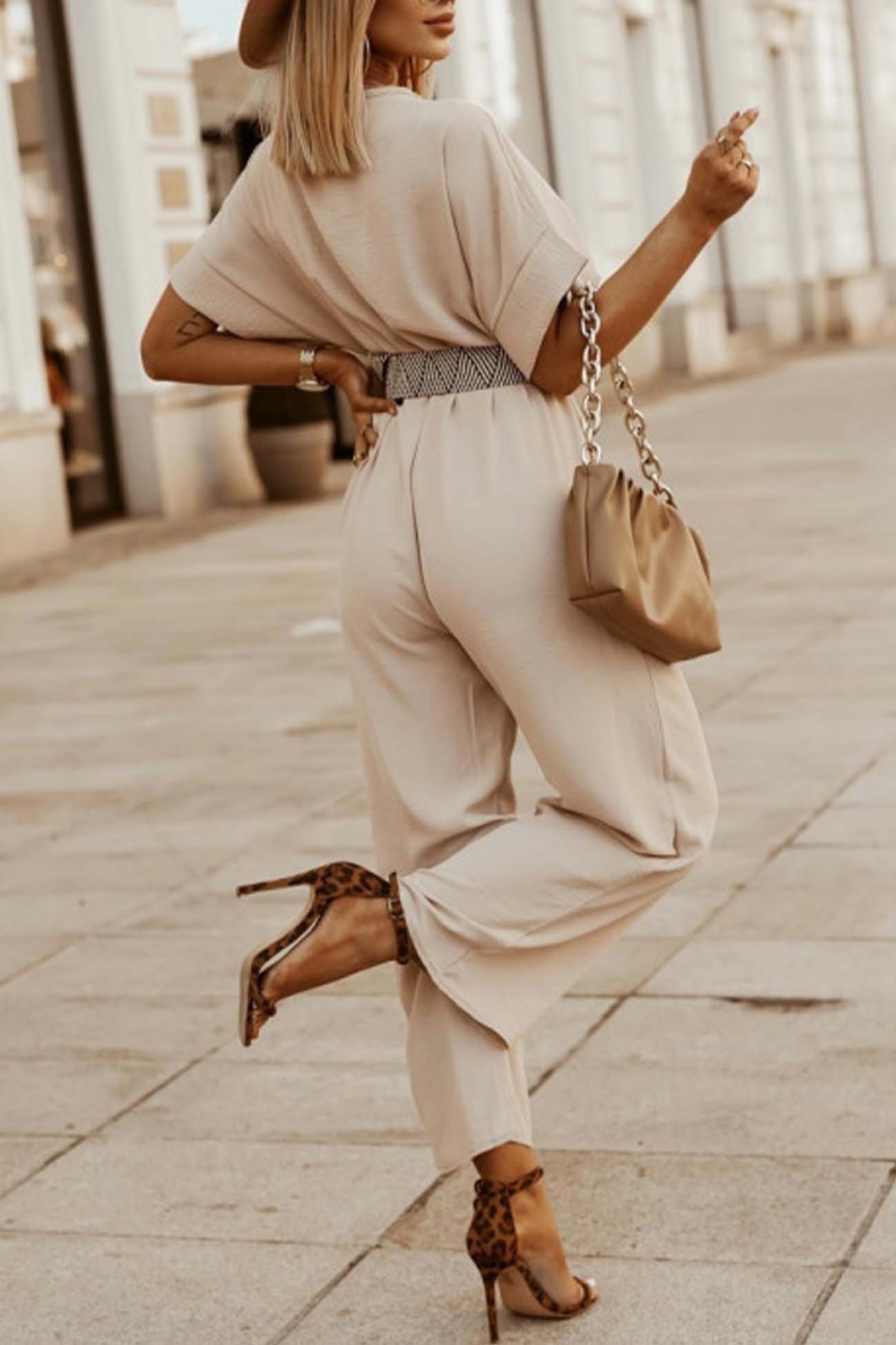 V Neck Batwing Sleeve Waist Tie Jumpsuits - Fashionpara