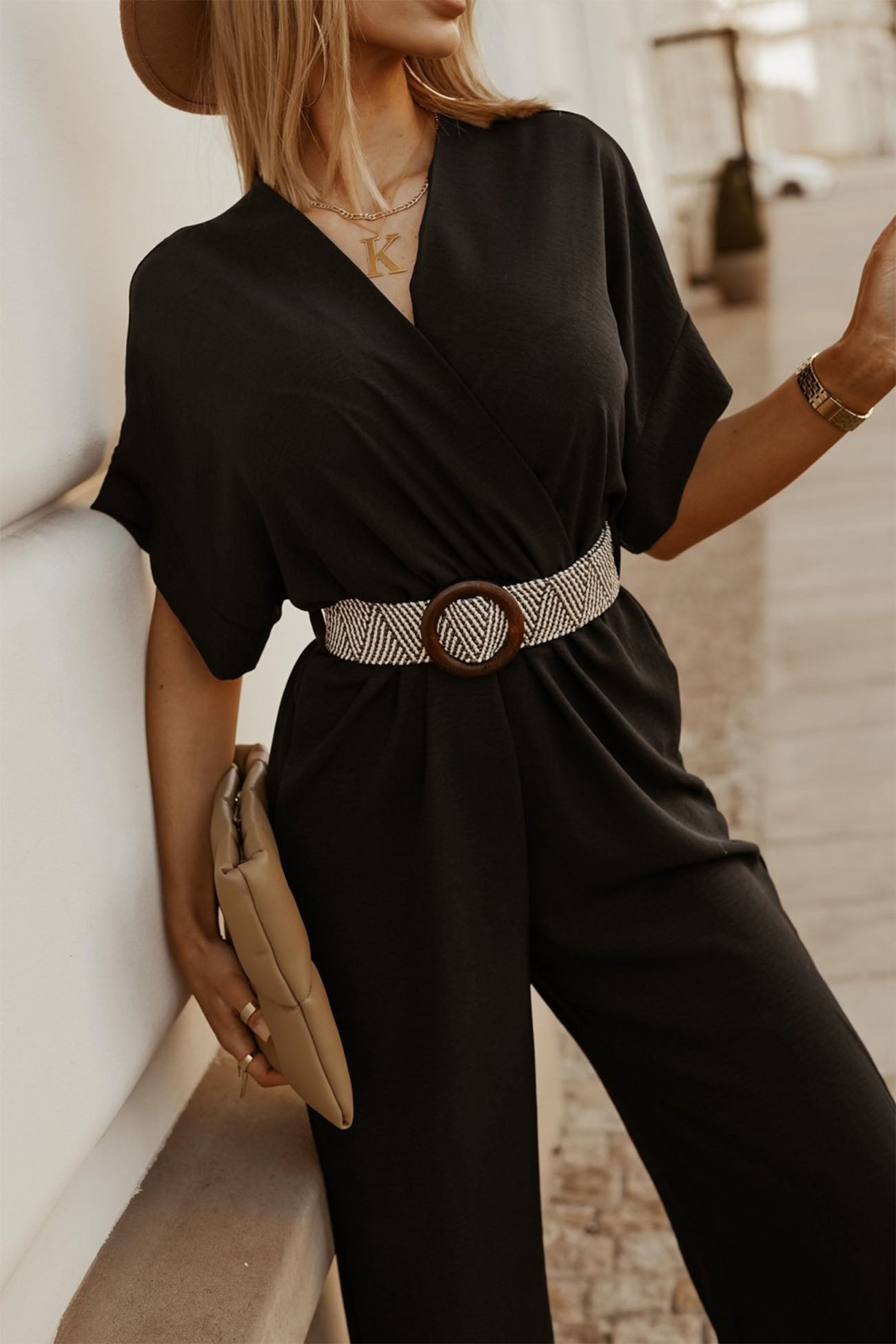 V Neck Batwing Sleeve Waist Tie Jumpsuits - Fashionpara