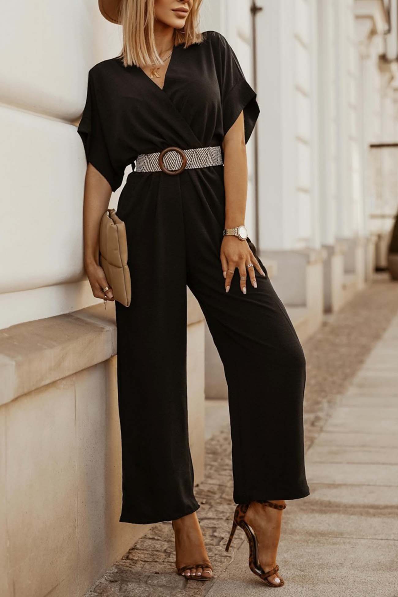 V Neck Batwing Sleeve Waist Tie Jumpsuits - Fashionpara