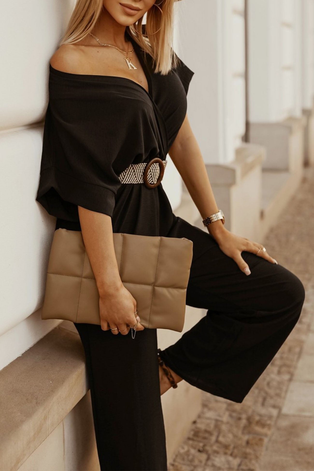 V Neck Batwing Sleeve Waist Tie Jumpsuits - Fashionpara