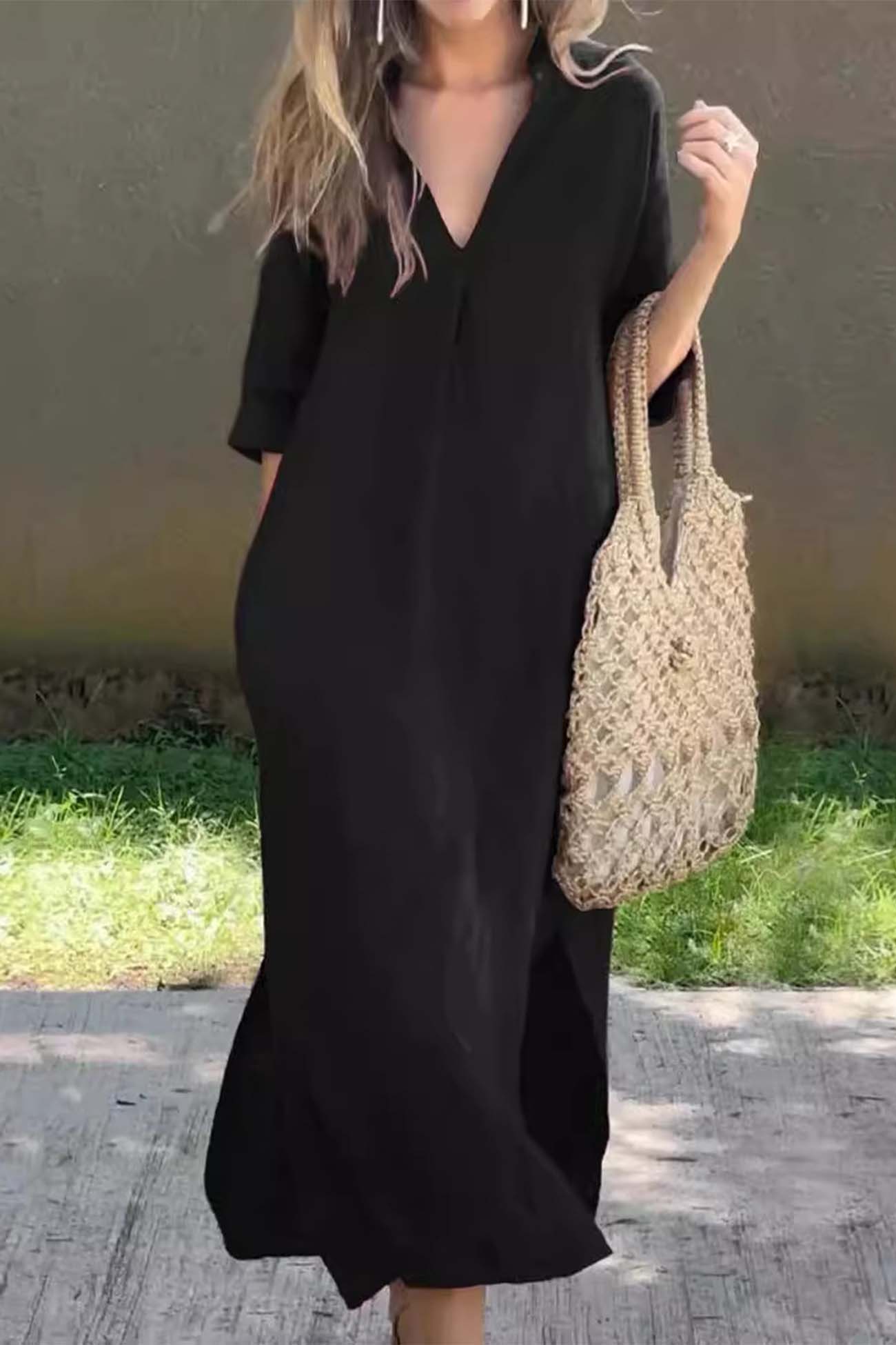 V Neck Half Sleeve Slit Midi Dress