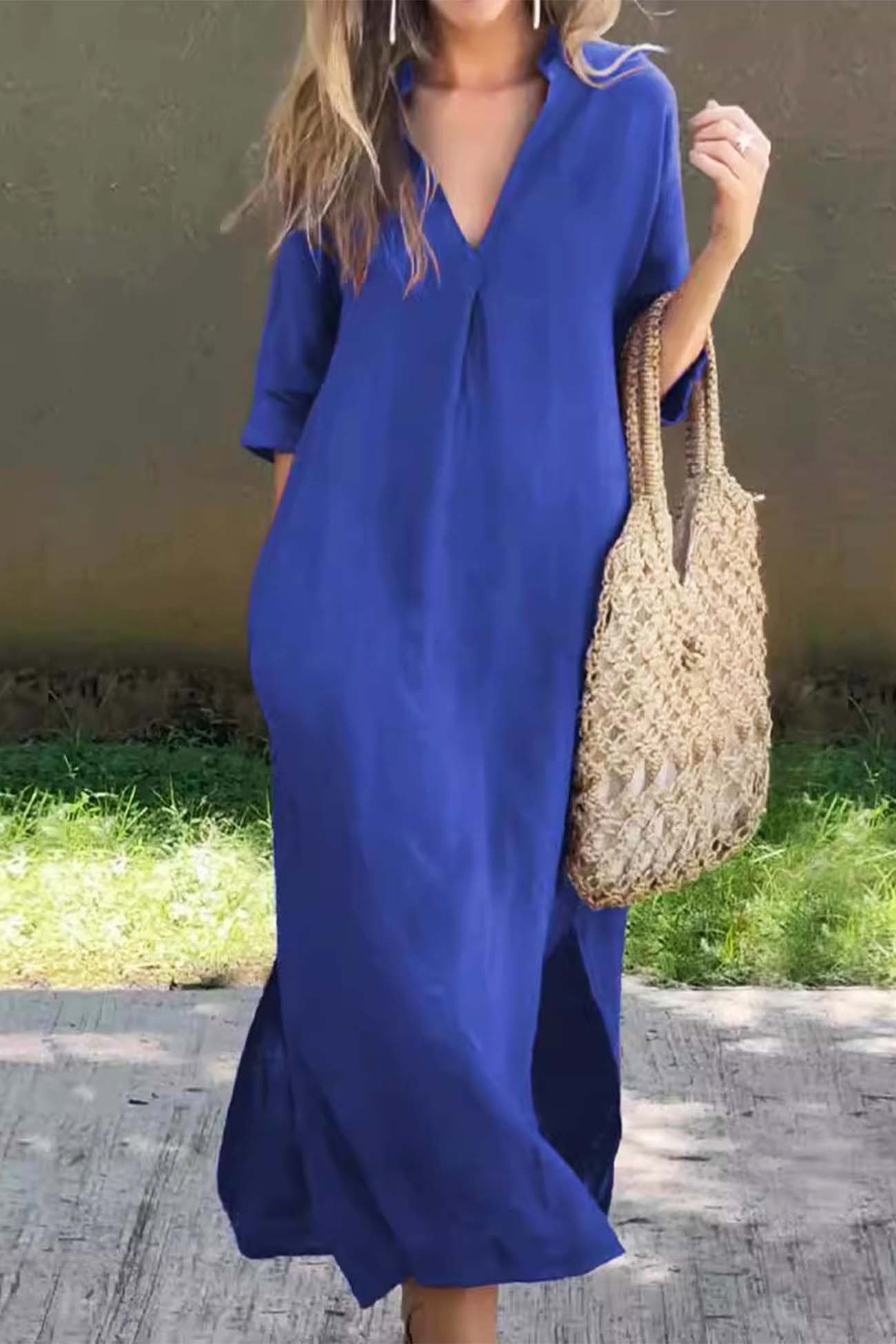 V Neck Half Sleeve Slit Midi Dress
