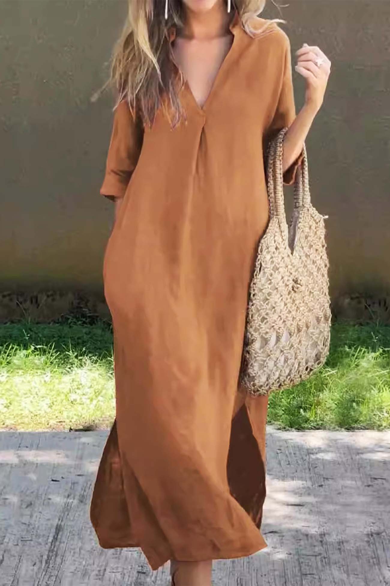 V Neck Half Sleeve Slit Midi Dress