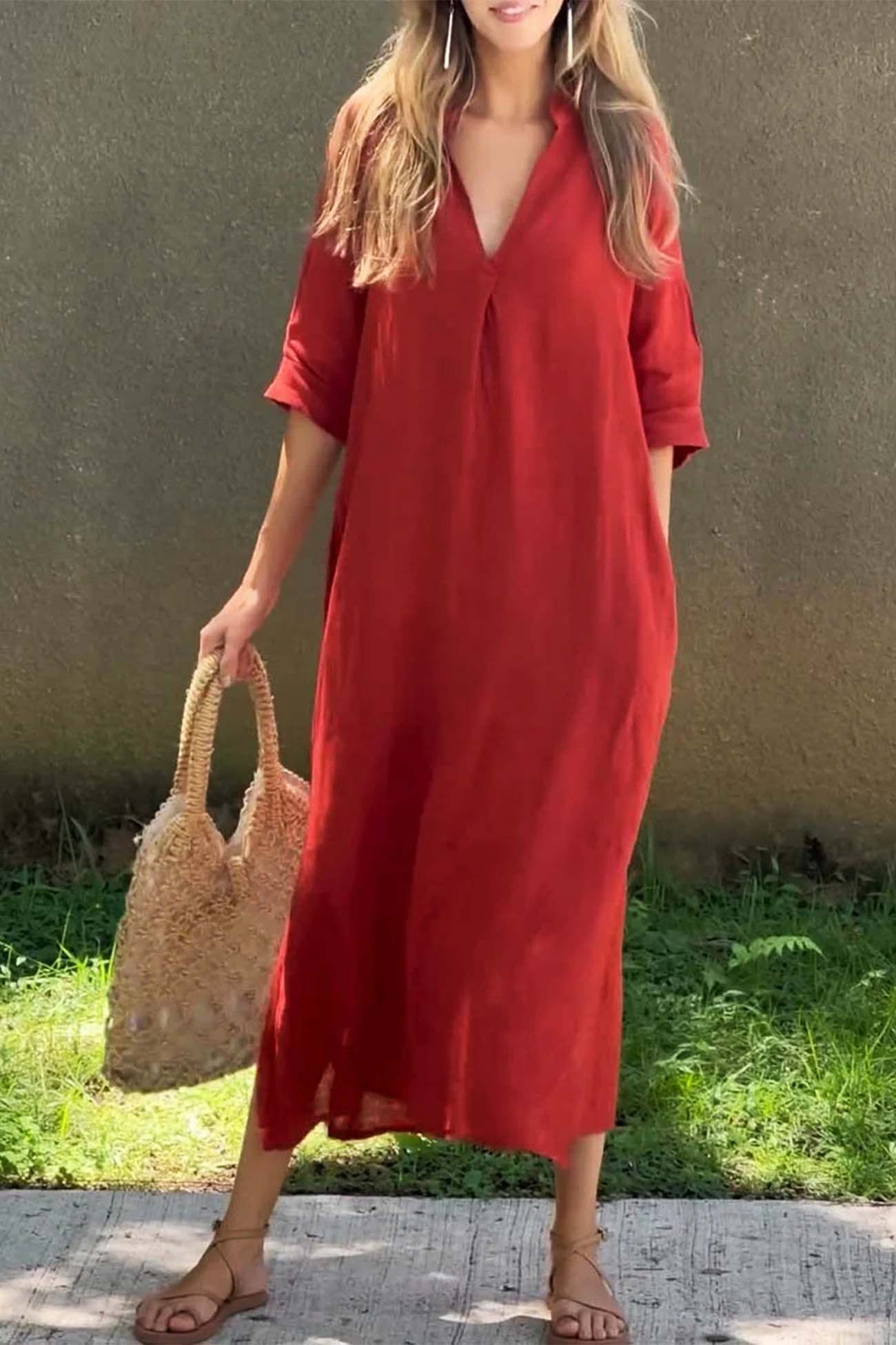 V Neck Half Sleeve Slit Midi Dress