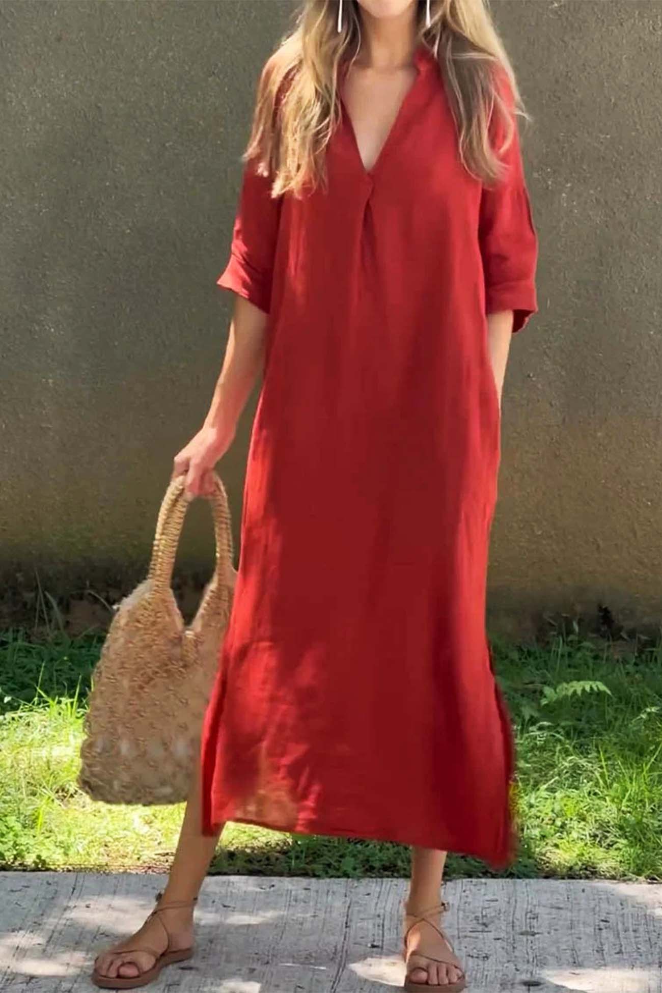 V Neck Half Sleeve Slit Midi Dress