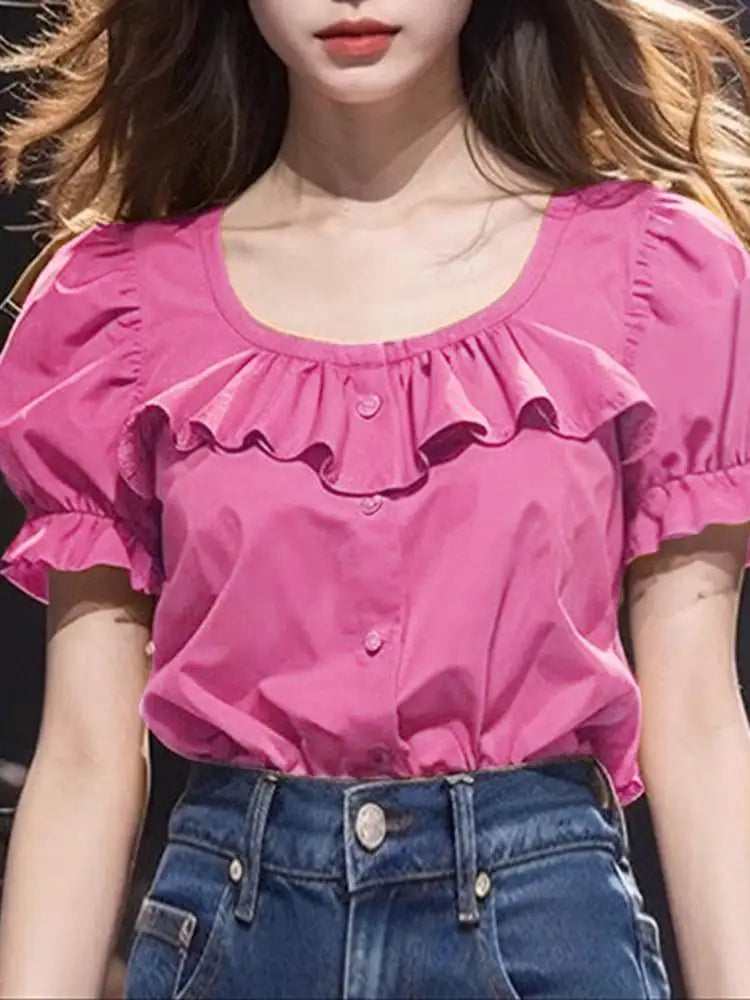 Ruffled Solid Puff Sleeve Casual Tunic Blouse