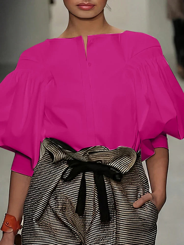 Lantern Quarter Sleeve Button Round Neck Blouse