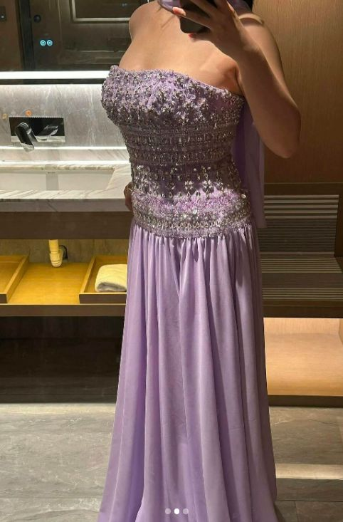 Classy Strapless Purple Chiffon Beaded Long Party Dress Evening Gown D1278